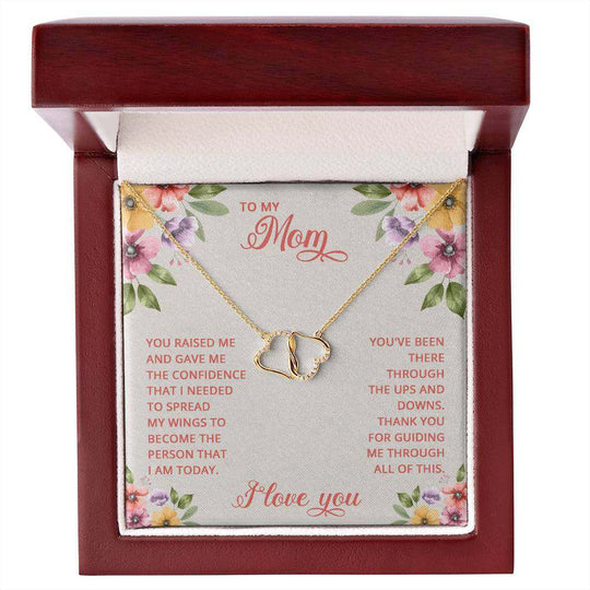 10K yellow gold heart necklace with diamonds in mahogany gift box, Everlasting Love Mom