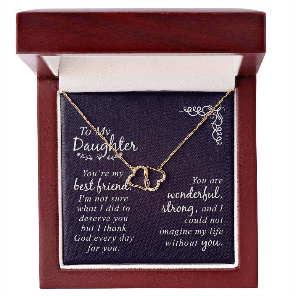 Everlasting Love Daughter necklace in 10K yellow gold with diamond accents in a mahogany gift box.