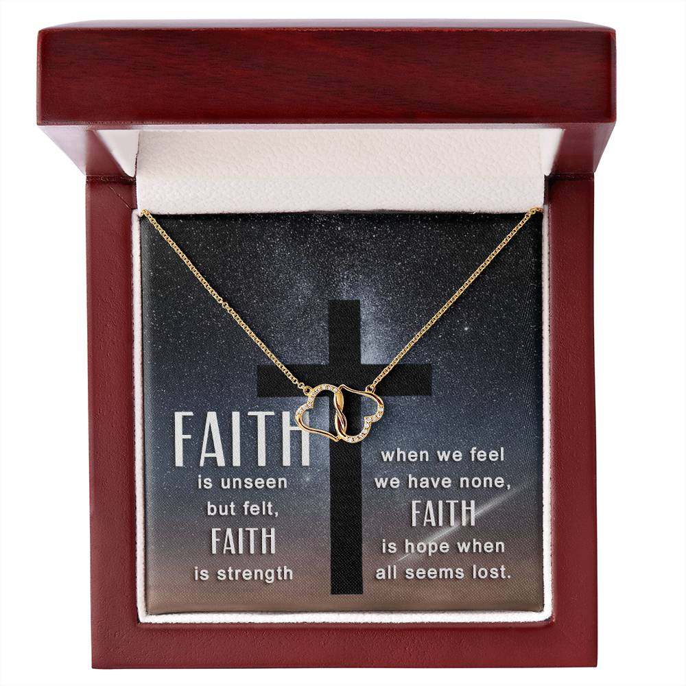 10K gold heart necklace with diamonds in mahogany gift box, "Faith is unseen but felt" theme.