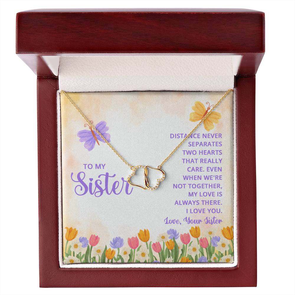 Yellow gold heart necklace with diamonds in a mahogany gift box, "Everlasting Love Sister".