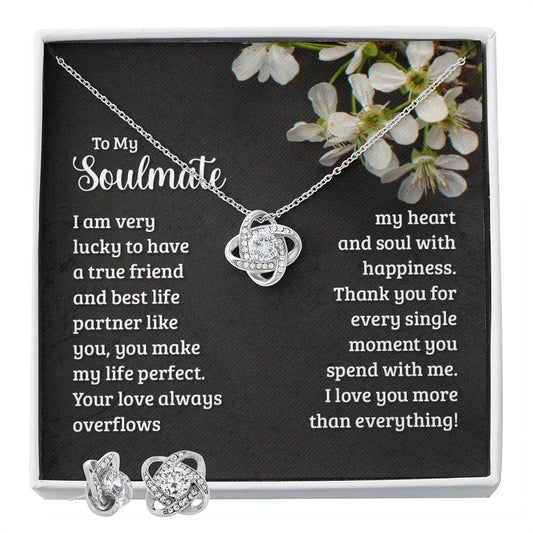 JewelryLove Knot Earring & Necklace Set SoulmateSurprise your loved one with this gorgeous Love Knot Earring &amp; Necklace Set! The Love Knot design represents an unbreakable bond between two souls. This symbol oLove Knot Earring & Necklace Set Soulmate