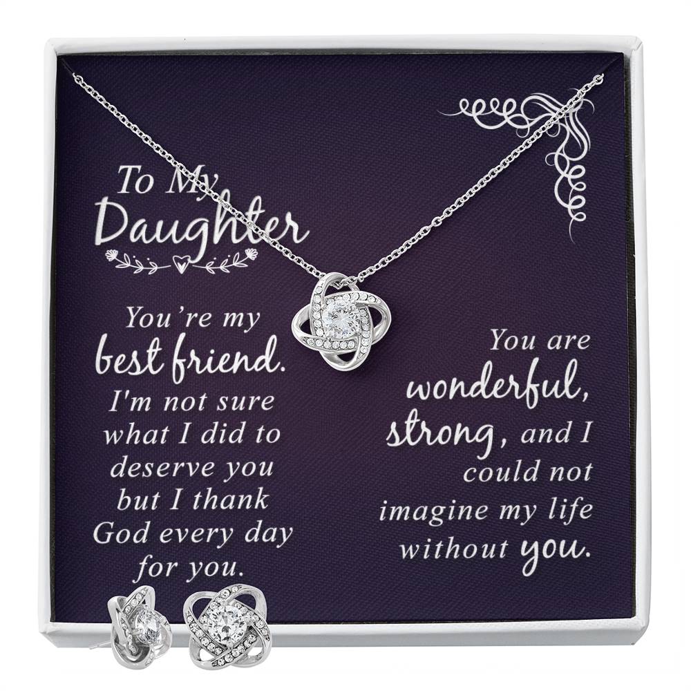 JewelryLove Knot Earring & Necklace Set My DaughterSurprise your loved one with this gorgeous Love Knot Earring &amp; Necklace Set! The Love Knot design represents an unbreakable bond between two souls. This symbol oLove Knot Earring & Necklace Set My Daughter