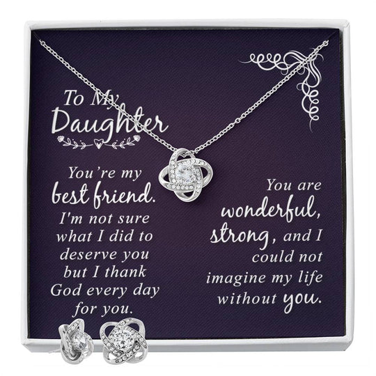 Love Knot Earring & Necklace Set with 14k white gold and cubic zirconia for daughter, shown in gift box with heartfelt message.