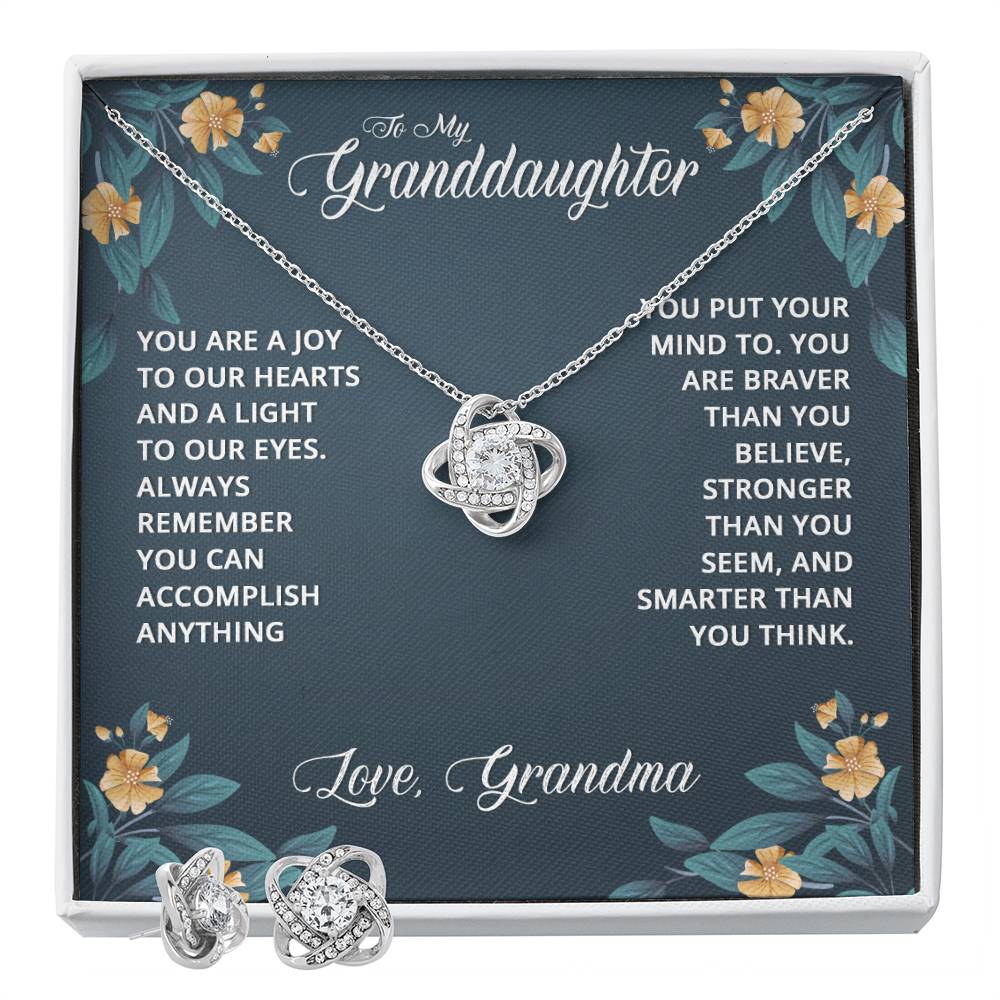 JewelryLove Knot Earring & Necklace Set GranddaughterSurprise your loved one with this gorgeous Love Knot Earring &amp; Necklace Set! The Love Knot design represents an unbreakable bond between two souls. This symbol oLove Knot Earring & Necklace Set Granddaughter