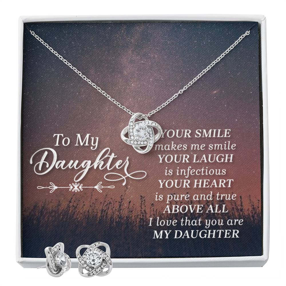 JewelryLove Knot Earring & Necklace Set DaughterSurprise your loved one with this gorgeous Love Knot Earring &amp; Necklace Set! The Love Knot design represents an unbreakable bond between two souls. This symbol oLove Knot Earring & Necklace Set Daughter