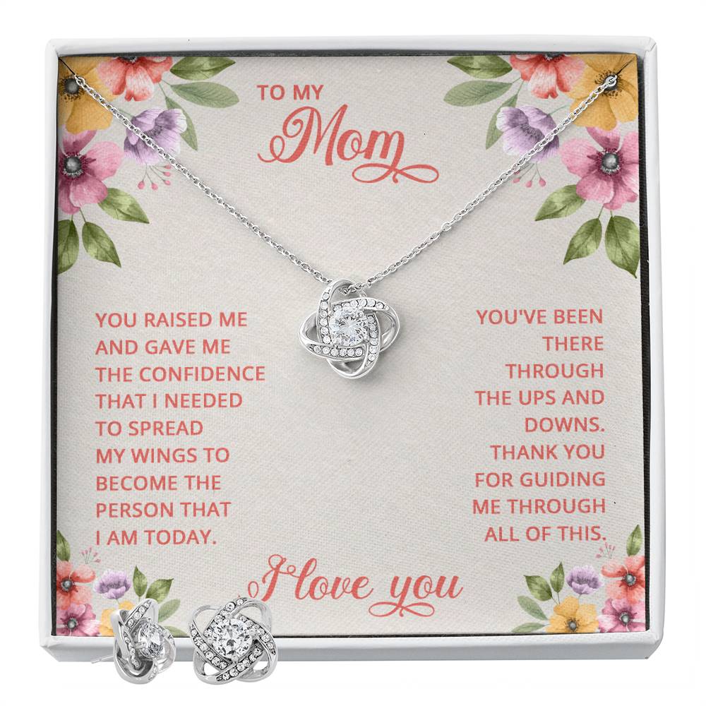 Love Knot Earring & Necklace Set My Mom in gift box with floral and heartfelt message; 14k white gold, cubic zirconia.