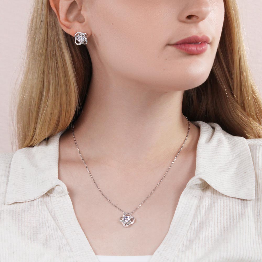 JewelryLove Knot Earring & Necklace Set DaughterSurprise your loved one with this gorgeous Love Knot Earring &amp; Necklace Set! The Love Knot design represents an unbreakable bond between two souls. This symbol oLove Knot Earring & Necklace Set Daughter