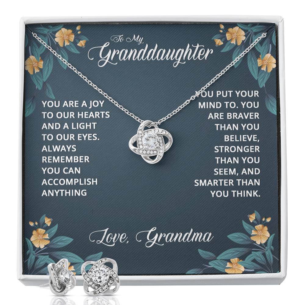 JewelryLove Knot Earring & Necklace Set GranddaughterSurprise your loved one with this gorgeous Love Knot Earring &amp; Necklace Set! The Love Knot design represents an unbreakable bond between two souls. This symbol oLove Knot Earring & Necklace Set Granddaughter