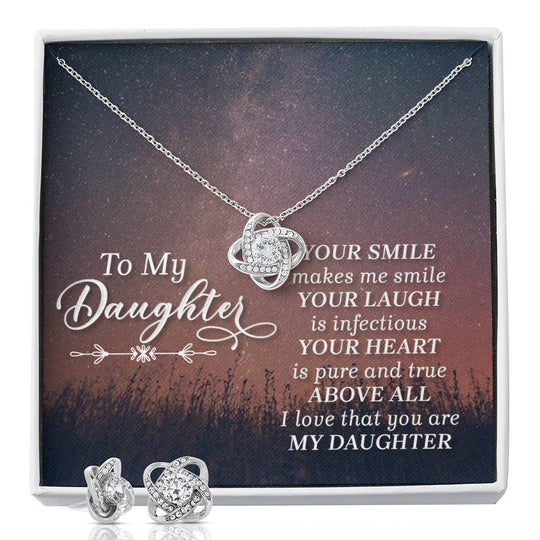 JewelryLove Knot Earring & Necklace Set DaughterSurprise your loved one with this gorgeous Love Knot Earring &amp; Necklace Set! The Love Knot design represents an unbreakable bond between two souls. This symbol oLove Knot Earring & Necklace Set Daughter