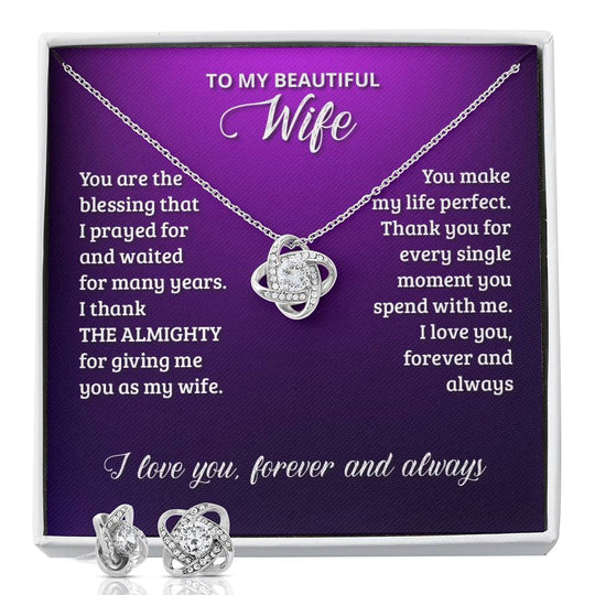 JewelryLove Knot Earring & Necklace Set WifeSurprise your loved one with this gorgeous Love Knot Earring &amp; Necklace Set! The Love Knot design represents an unbreakable bond between two souls. This symbol oLove Knot Earring & Necklace Set Wife