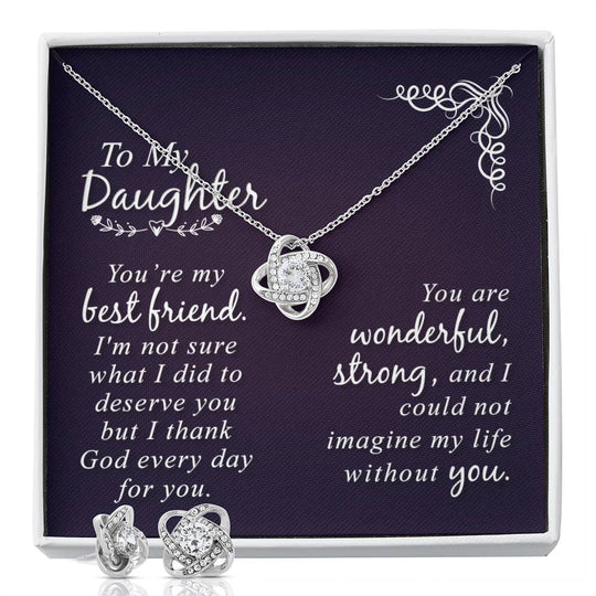 JewelryLove Knot Earring & Necklace Set My DaughterSurprise your loved one with this gorgeous Love Knot Earring &amp; Necklace Set! The Love Knot design represents an unbreakable bond between two souls. This symbol oLove Knot Earring & Necklace Set My Daughter