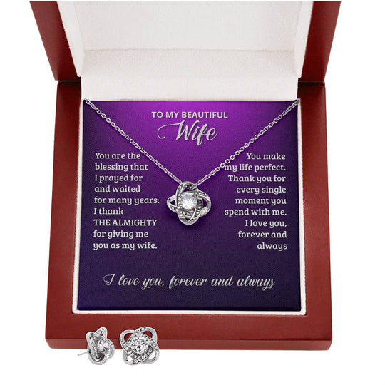 JewelryLove Knot Earring & Necklace Set WifeSurprise your loved one with this gorgeous Love Knot Earring &amp; Necklace Set! The Love Knot design represents an unbreakable bond between two souls. This symbol oLove Knot Earring & Necklace Set Wife