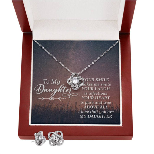 JewelryLove Knot Earring & Necklace Set DaughterSurprise your loved one with this gorgeous Love Knot Earring &amp; Necklace Set! The Love Knot design represents an unbreakable bond between two souls. This symbol oLove Knot Earring & Necklace Set Daughter