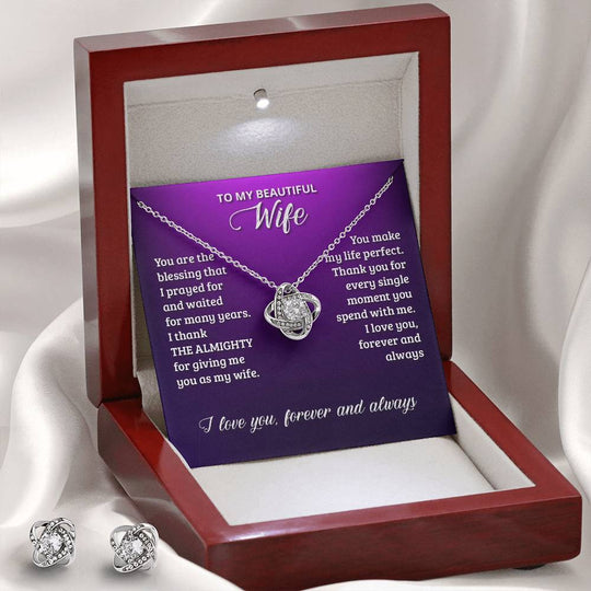 JewelryLove Knot Earring & Necklace Set WifeSurprise your loved one with this gorgeous Love Knot Earring &amp; Necklace Set! The Love Knot design represents an unbreakable bond between two souls. This symbol oLove Knot Earring & Necklace Set Wife