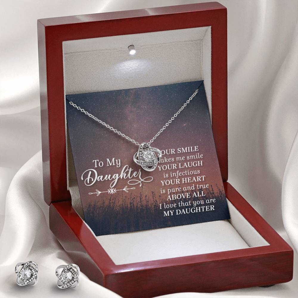 JewelryLove Knot Earring & Necklace Set DaughterSurprise your loved one with this gorgeous Love Knot Earring &amp; Necklace Set! The Love Knot design represents an unbreakable bond between two souls. This symbol oLove Knot Earring & Necklace Set Daughter