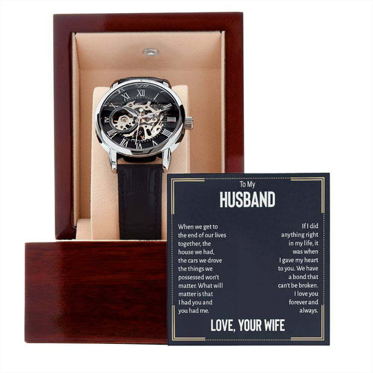 JewelryMen's Openwork Watch HusbandGive the gift of luxury with this handsome and daring timepiece. The Men's Openwork Watch is the perfect blend of classic design and modern styling, making it an essMen's Openwork Watch Husband