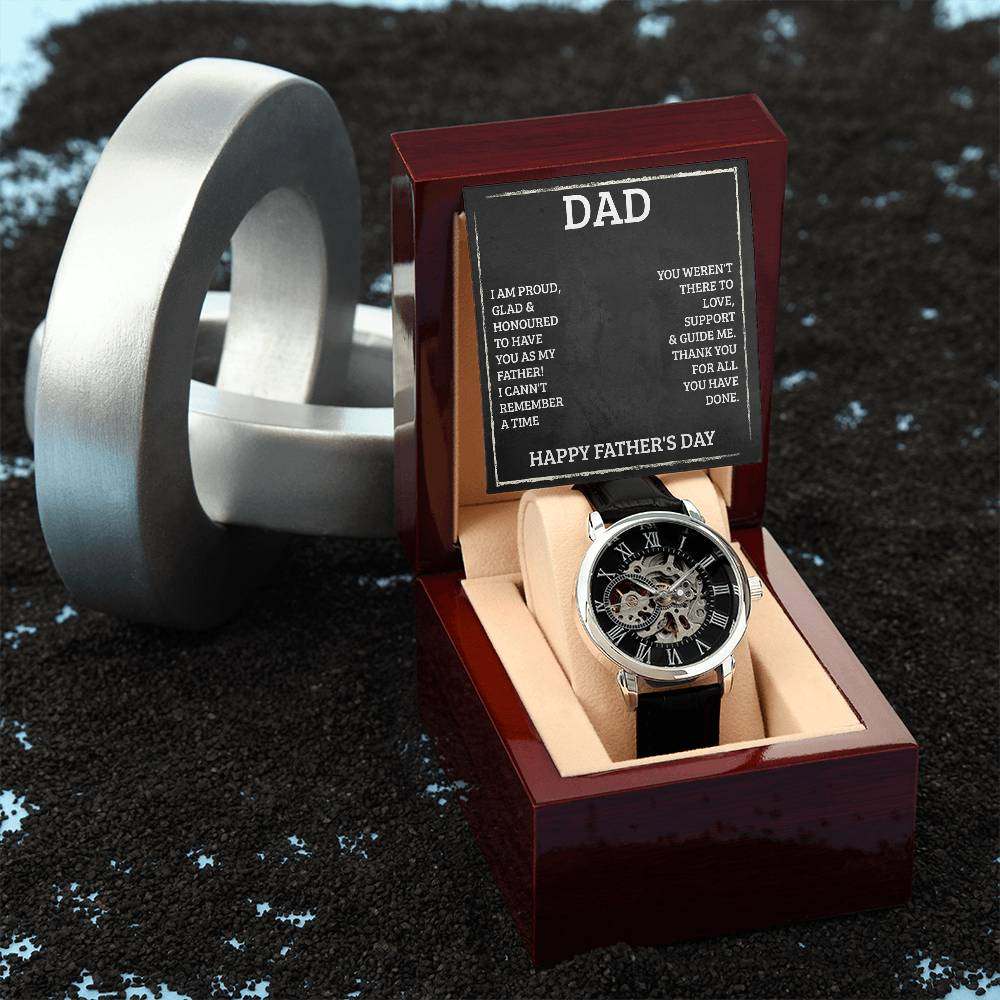 JewelryMen's Openwork Watch DadGive the gift of luxury with this handsome and daring timepiece. The Men's Openwork Watch is the perfect blend of classic design and modern styling, making it an essMen's Openwork Watch Dad