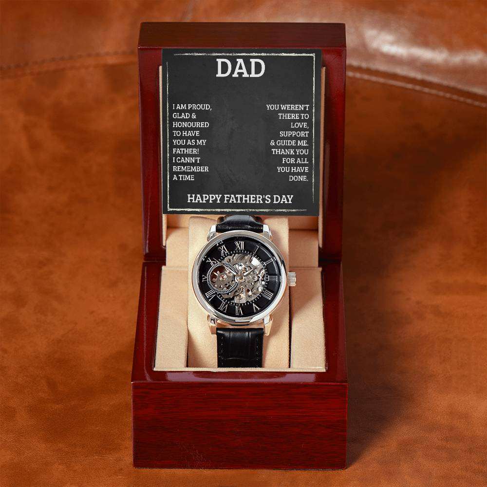 JewelryMen's Openwork Watch DadGive the gift of luxury with this handsome and daring timepiece. The Men's Openwork Watch is the perfect blend of classic design and modern styling, making it an essMen's Openwork Watch Dad