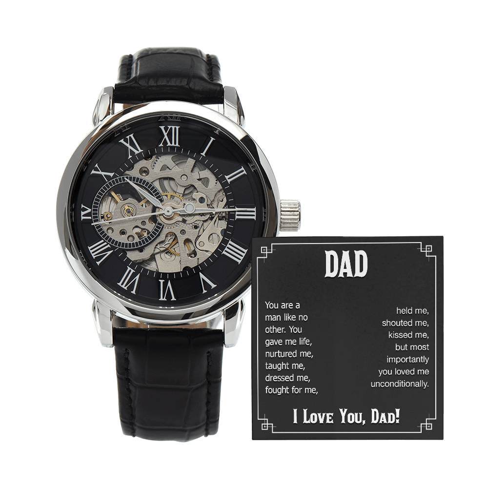 Men's openwork watch with black leather band and skeleton dial, ideal gift for Dad.