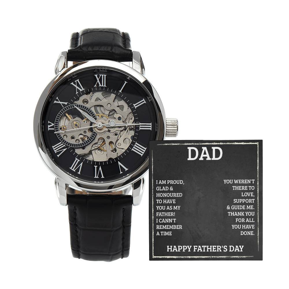 JewelryMen's Openwork Watch DadGive the gift of luxury with this handsome and daring timepiece. The Men's Openwork Watch is the perfect blend of classic design and modern styling, making it an essMen's Openwork Watch Dad