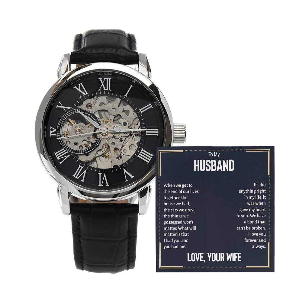 JewelryMen's Openwork Watch HusbandGive the gift of luxury with this handsome and daring timepiece. The Men's Openwork Watch is the perfect blend of classic design and modern styling, making it an essMen's Openwork Watch Husband