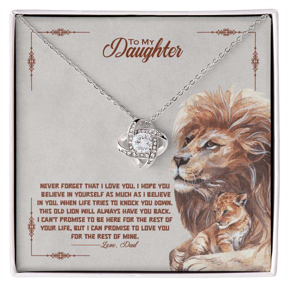 Love Knot Necklace gift for beautiful daughter with lion design and inspirational message.