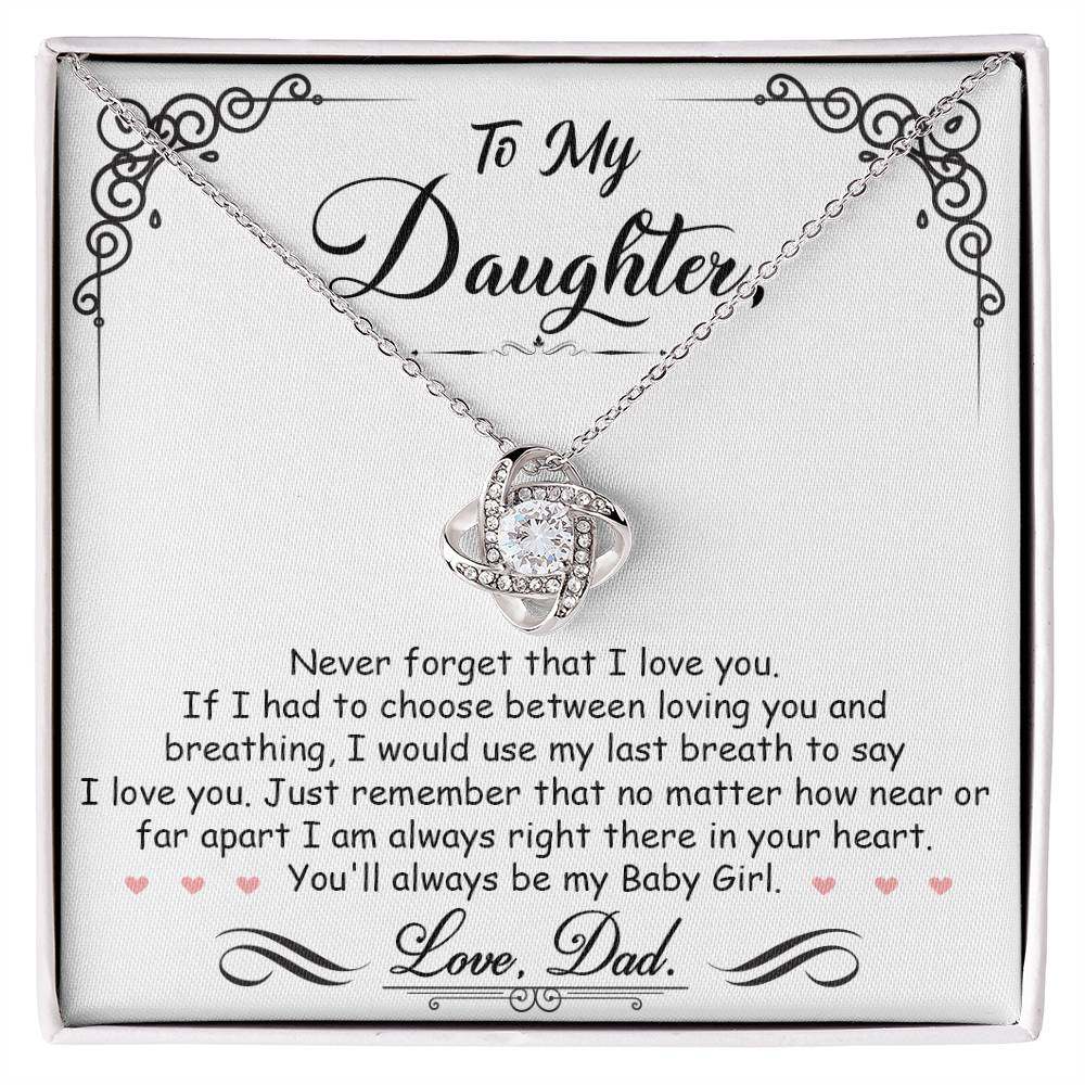 Love Knot Necklace with heartfelt message, perfect gift for daughter, symbolizes unbreakable bond, embellished with cubic zirconia crystals.