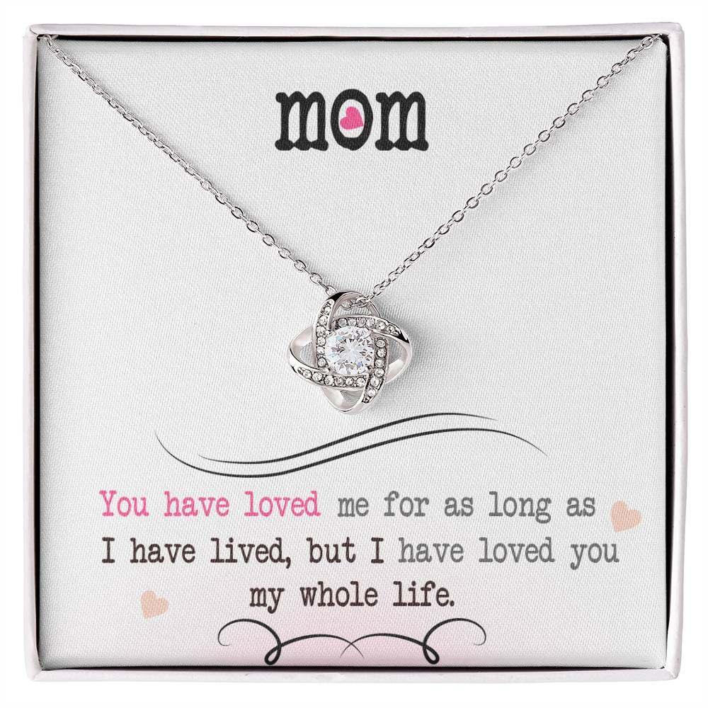 Love Knot Necklace gift for mom with cubic zirconia and heartfelt message.