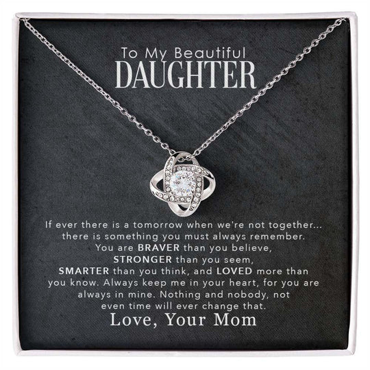 Love Knot Necklace for Beautiful Daughter with Cubic Zirconia Pendant and Inspirational Message