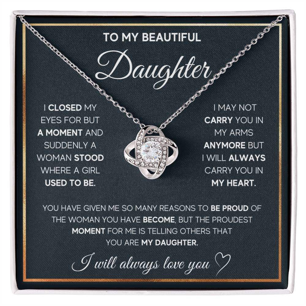 Love Knot Necklace gift for daughter with cubic zirconia and heartfelt message.