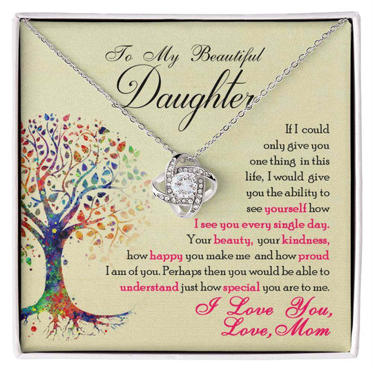 Beautiful daughter necklace gift with love knot pendant and heartfelt message.