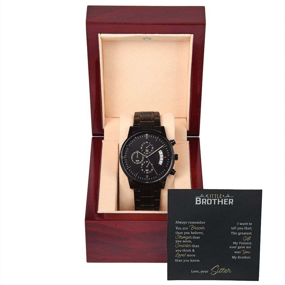 JewelryMen's Openwork Watch Little BrotherA handsome gift that can withstand constant use, this Black Chronograph Watch is perfect for all the special men in your life. A thoughtful present to your groomsmenMen's Openwork Watch Little Brother