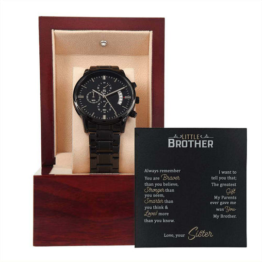 JewelryMen's Openwork Watch Little BrotherA handsome gift that can withstand constant use, this Black Chronograph Watch is perfect for all the special men in your life. A thoughtful present to your groomsmenMen's Openwork Watch Little Brother