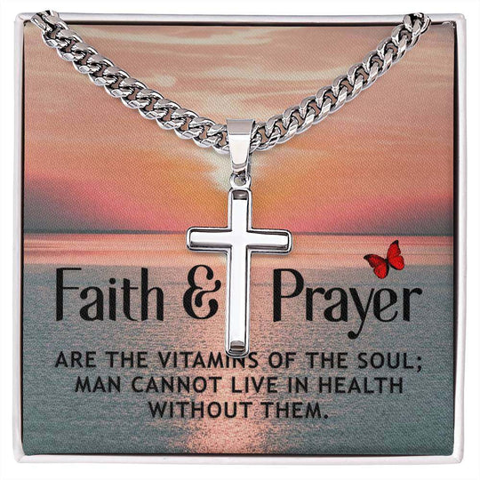 Cuban chain with artisan cross necklace on "Faith & Prayer" background.