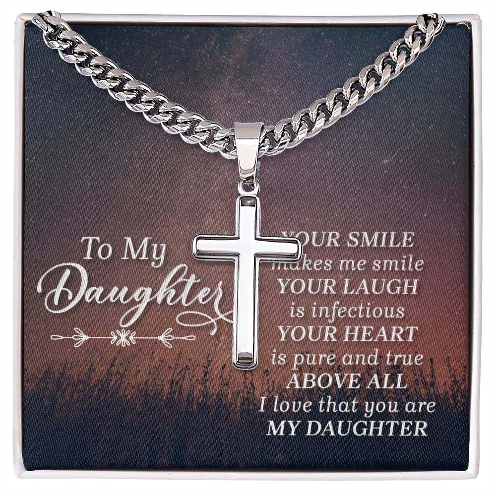 Daughter Trust Artisan Cross Necklace on a Cuban link chain with heartfelt message background.