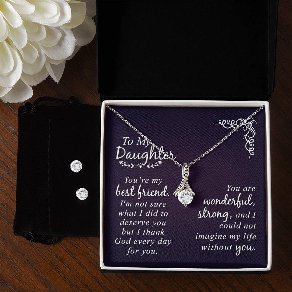 JewelryAlluring Beauty + Clear CZ Earrings My DaughterImagine her reaction when your loved one opens this stunning gift! The Alluring Beauty Necklace and Cubic Zirconia Earring Set is a sweet treat that is sure to dazzlAlluring Beauty + Clear CZ Earrings My Daughter