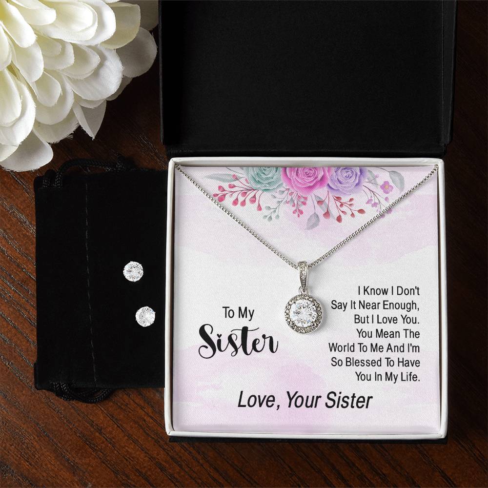 Eternal Hope Necklace and Clear CZ Earrings Sister gift set displayed in a stylish box with a personal message.