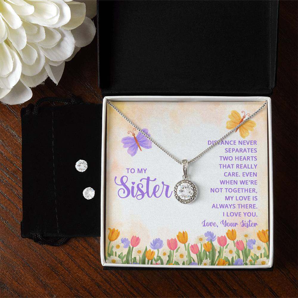 Eternal Hope Necklace and Clear CZ Earrings set, gift for sister with heartfelt message, in gift box.