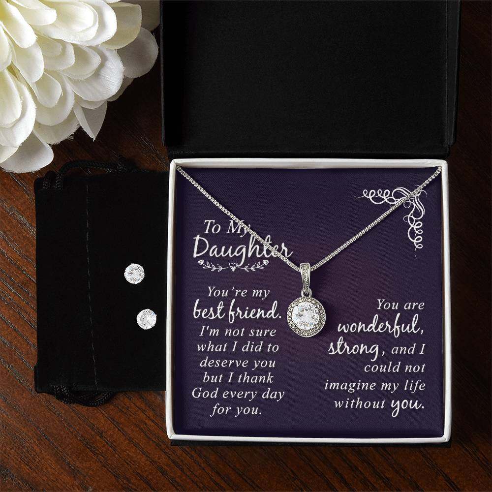 Eternal Hope Necklace and Clear CZ Earrings set for daughters, featuring a sparkling pendant symbolizing hope with matching earrings in a gift box.