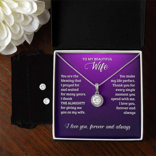 Eternal Hope Necklace and Clear CZ Earrings set for wife, featuring 14k white gold finish with cubic zirconia crystals, beautifully packaged for gifting.