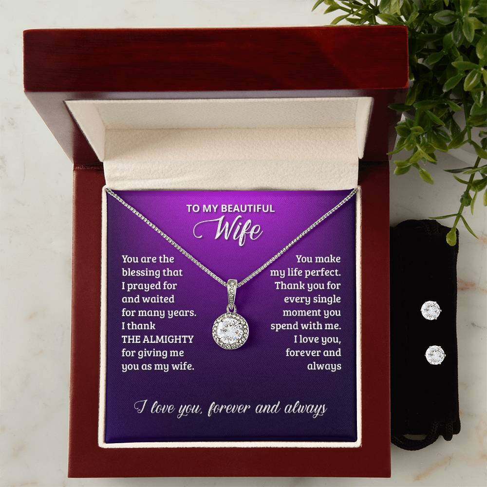 JewelryEternal Hope Necklace + Clear CZ Earrings WifeSurprise your loved one with a stunning gift that will make her heart swell! Our dazzling Eternal Hope Necklace and Cubic Zirconia Earring Set is an eye catching paiEternal Hope Necklace + Clear CZ Earrings Wife