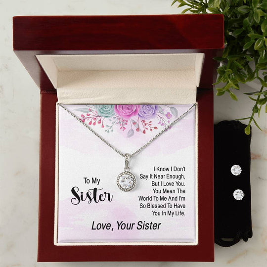 JewelryEternal Hope Necklace + Clear CZ Earrings SisterSurprise your loved one with a stunning gift that will make her heart swell! Our dazzling Eternal Hope Necklace and Cubic Zirconia Earring Set is an eye catching paiEternal Hope Necklace + Clear CZ Earrings Sister