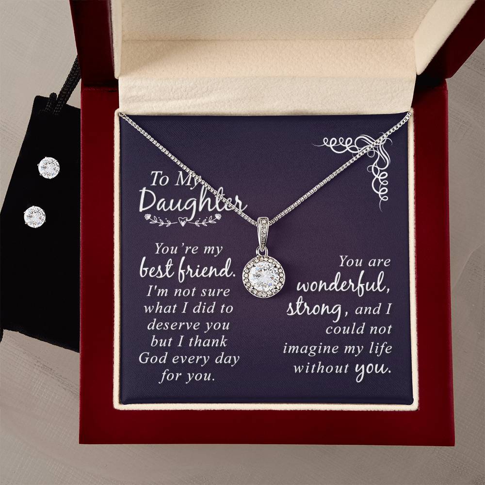 JewelryEternal Hope Necklace + Clear CZ Earrings My DaughterSurprise your loved one with a stunning gift that will make her heart swell! Our dazzling Eternal Hope Necklace and Cubic Zirconia Earring Set is an eye catching paiEternal Hope Necklace + Clear CZ Earrings My Daughter