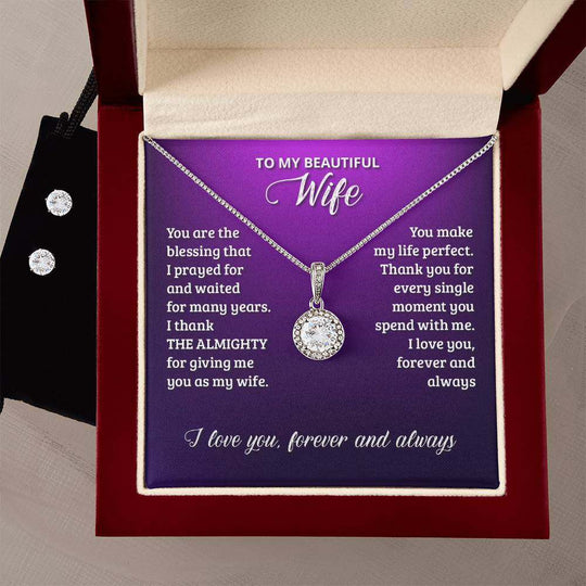 JewelryEternal Hope Necklace + Clear CZ Earrings WifeSurprise your loved one with a stunning gift that will make her heart swell! Our dazzling Eternal Hope Necklace and Cubic Zirconia Earring Set is an eye catching paiEternal Hope Necklace + Clear CZ Earrings Wife