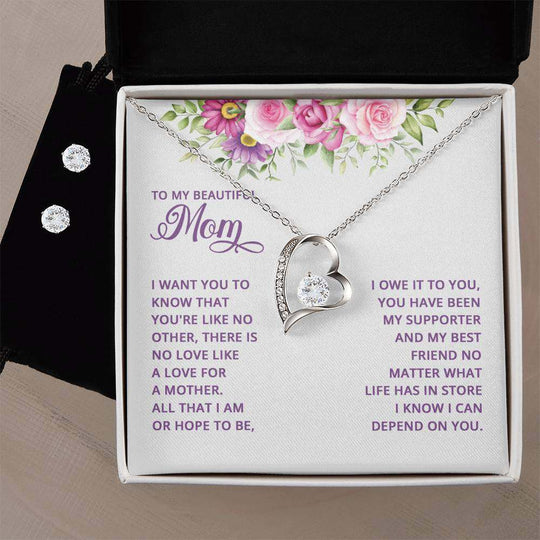 Forever Love Necklace and Clear CZ Earrings Jewelry Set for Mom, heart-shaped pendant, Cubic Zirconia stones.