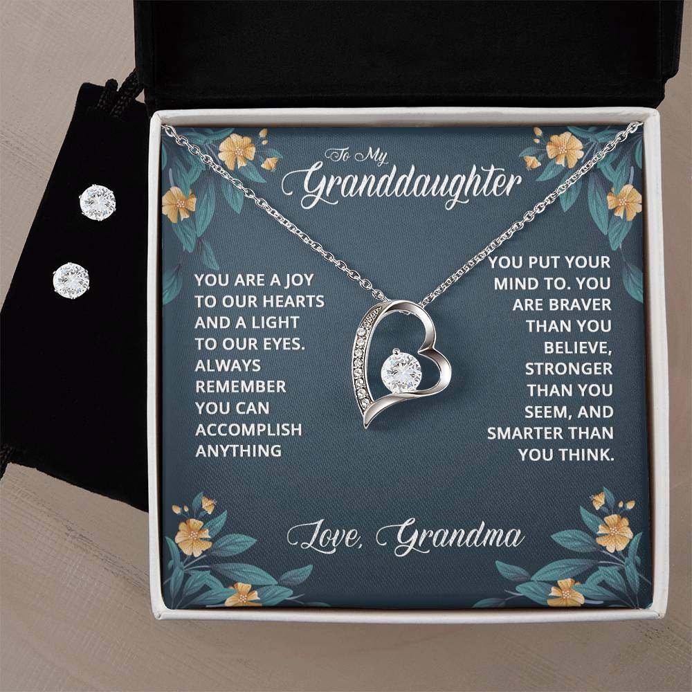 JewelryForever Love Necklace + Clear CZ Earrings GranddaughterGive your loved one a gift that will make their heart swell! The Forever Love Necklace and Cubic Zirconia Earring Set is sure to do the trick.  This necklace and earForever Love Necklace Clear CZ Earrings Granddaughter