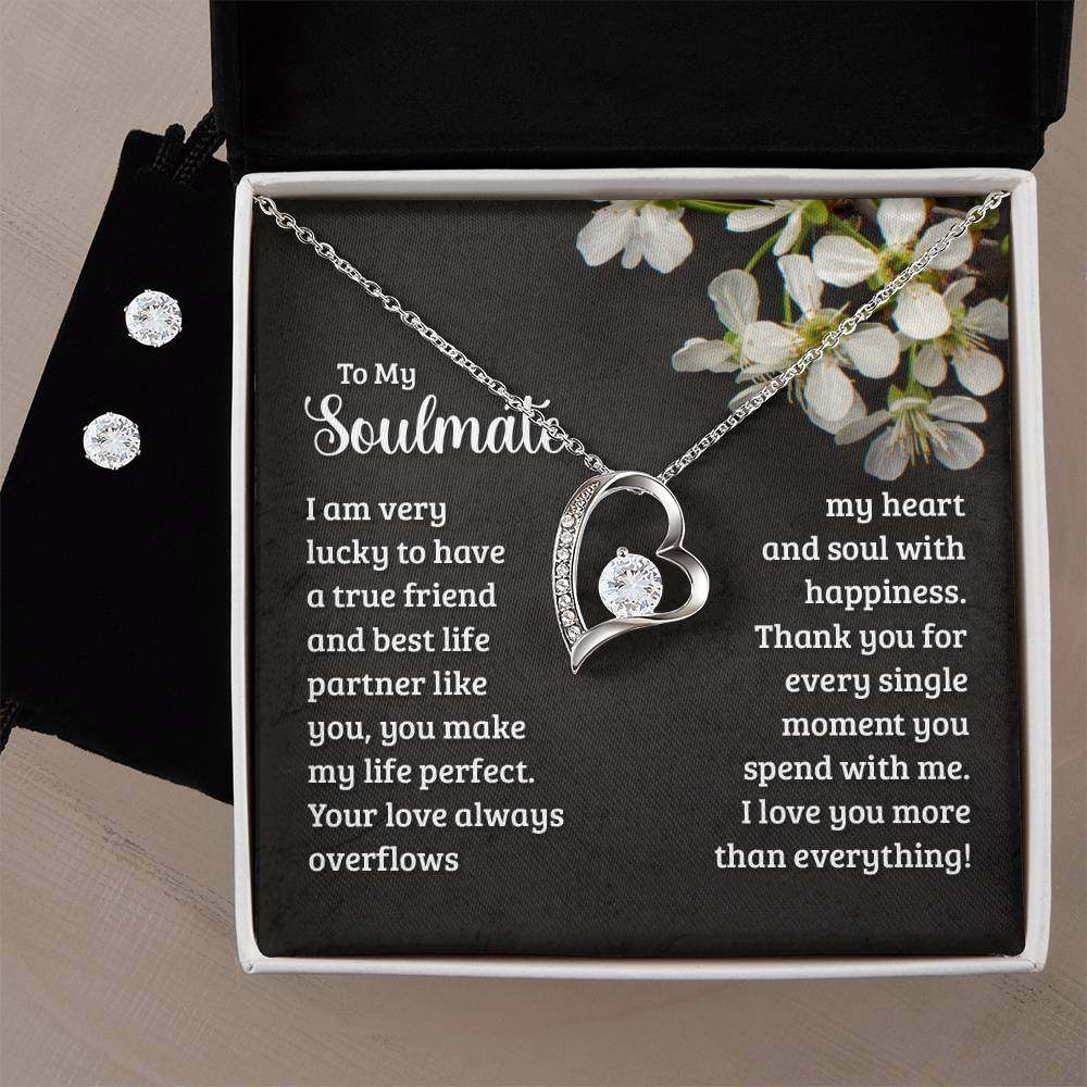 Forever Love Necklace and Clear CZ Earrings Set for Soulmates, romantic gift box with inscription.