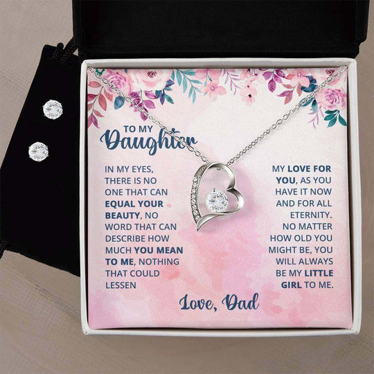 Forever Love Necklace and Clear CZ Earrings gift set with message to daughter.