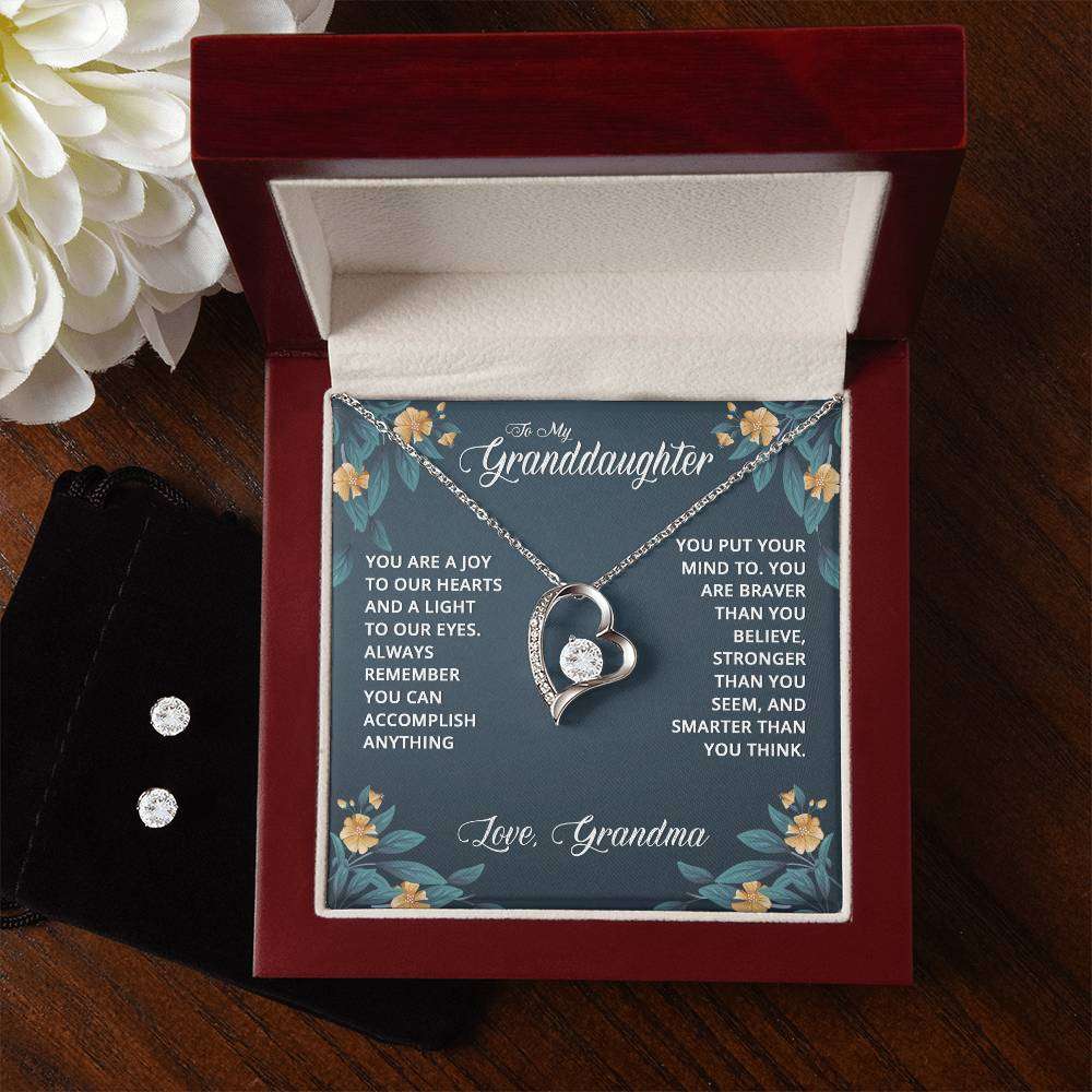 JewelryForever Love Necklace + Clear CZ Earrings GranddaughterGive your loved one a gift that will make their heart swell! The Forever Love Necklace and Cubic Zirconia Earring Set is sure to do the trick.  This necklace and earForever Love Necklace Clear CZ Earrings Granddaughter