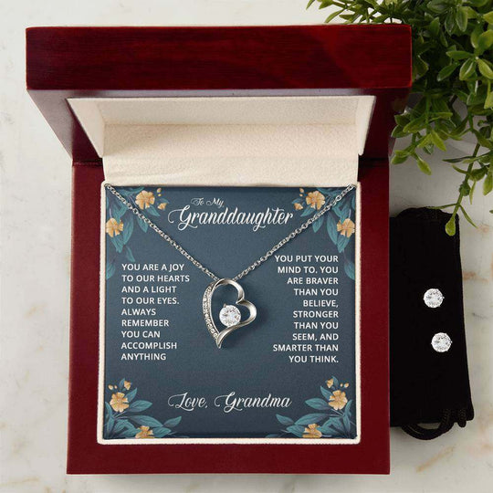 JewelryForever Love Necklace + Clear CZ Earrings GranddaughterGive your loved one a gift that will make their heart swell! The Forever Love Necklace and Cubic Zirconia Earring Set is sure to do the trick.  This necklace and earForever Love Necklace Clear CZ Earrings Granddaughter